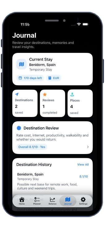 Nomad Journey destination planning screen