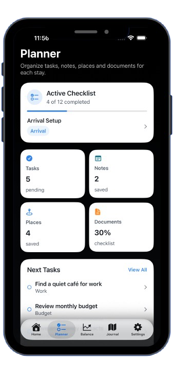 Nomad Journey planner and tasks screen