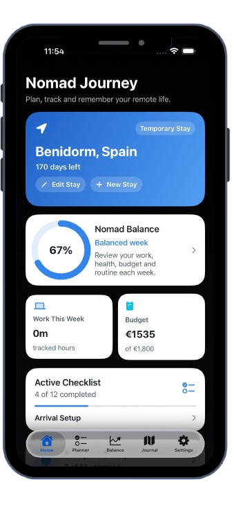Nomad Journey app home screen mockup