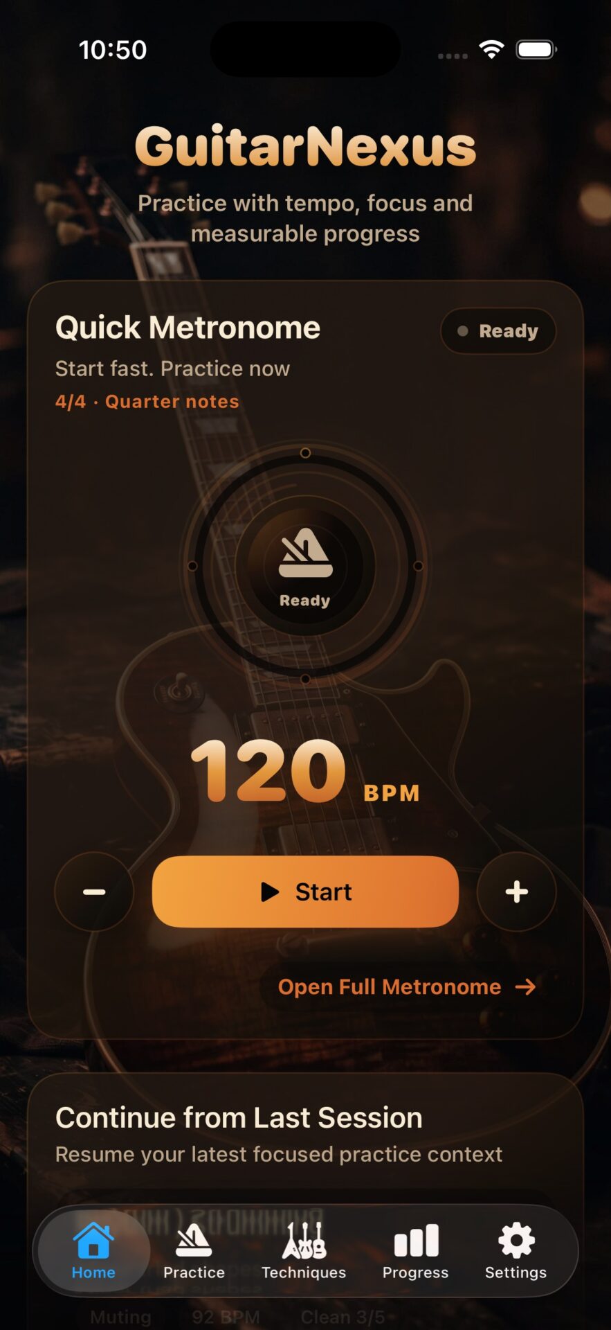 GuitarNexus home screen with quick metronome and practice overview