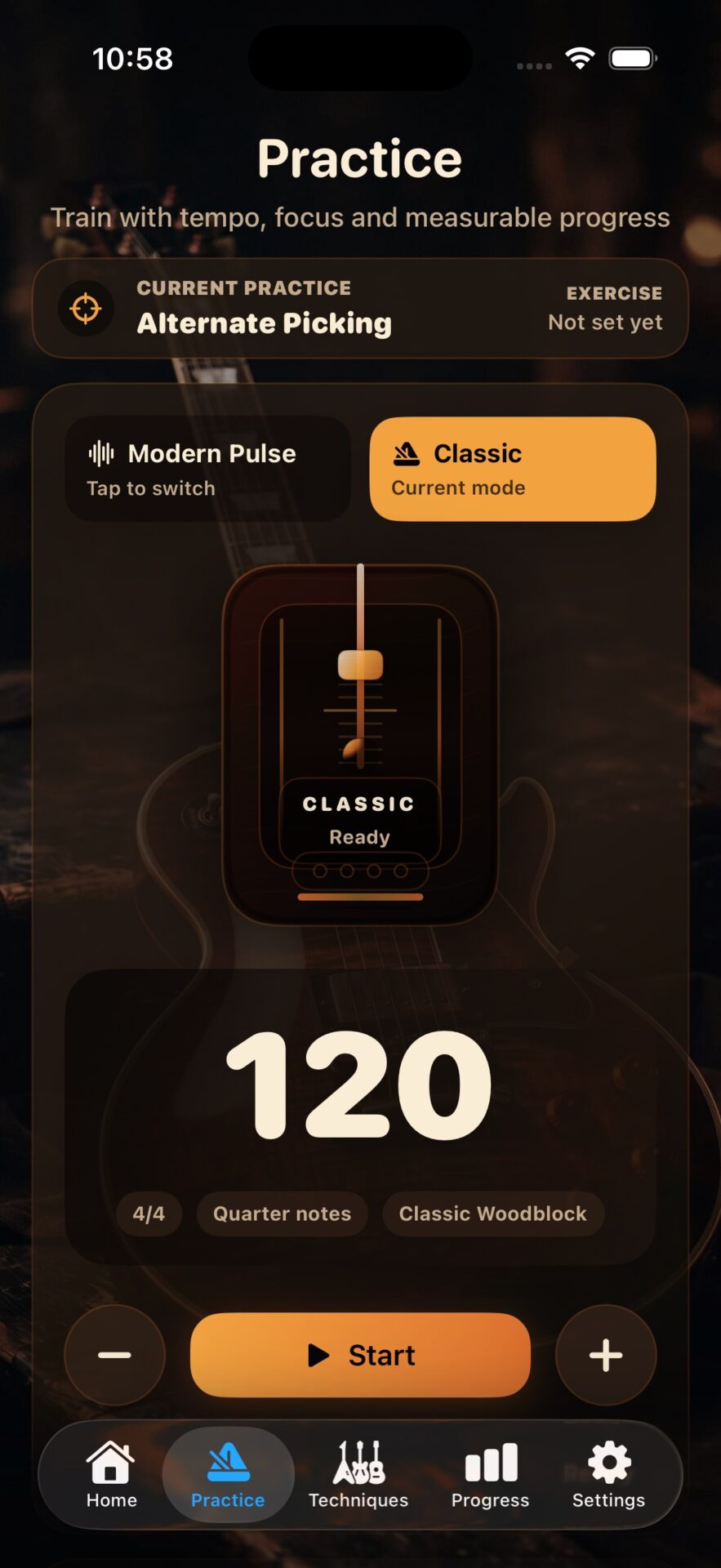 GuitarNexus practice screen with metronome and practice controls