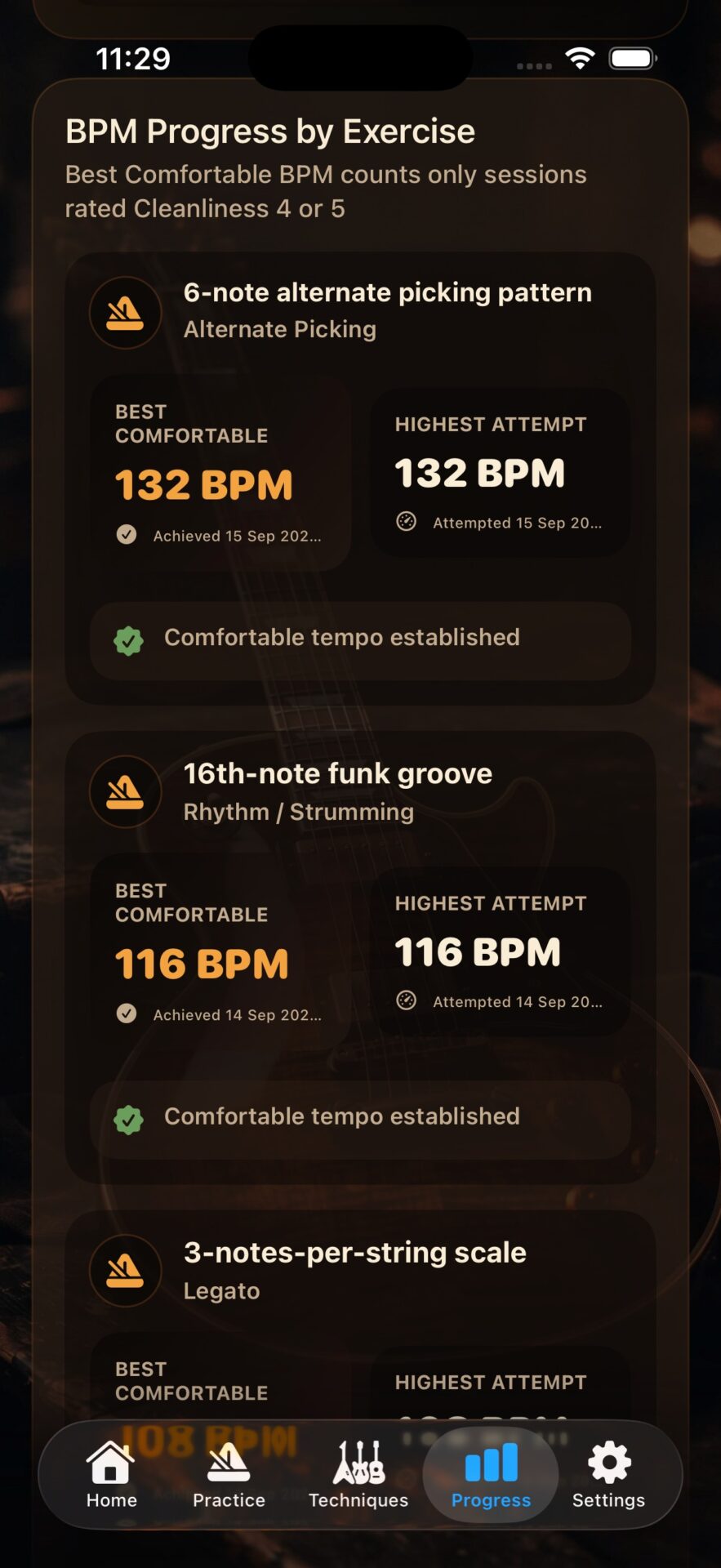 GuitarNexus progress screen showing guitar practice history