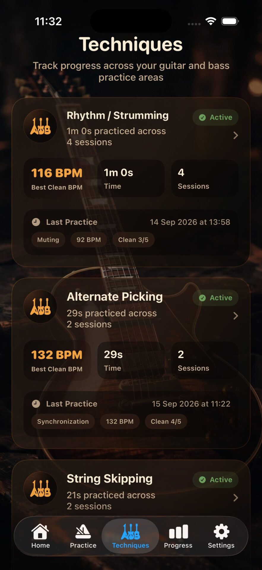 GuitarNexus techniques screen for organizing guitar practice